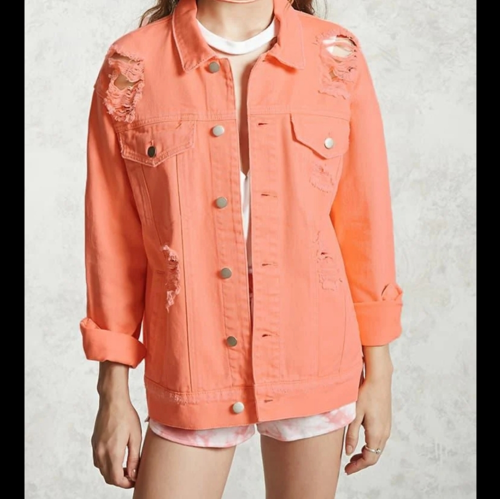 Bright Peach Orange RIPPED & DISTRESSED vibrant colorful Denim jeans jacket